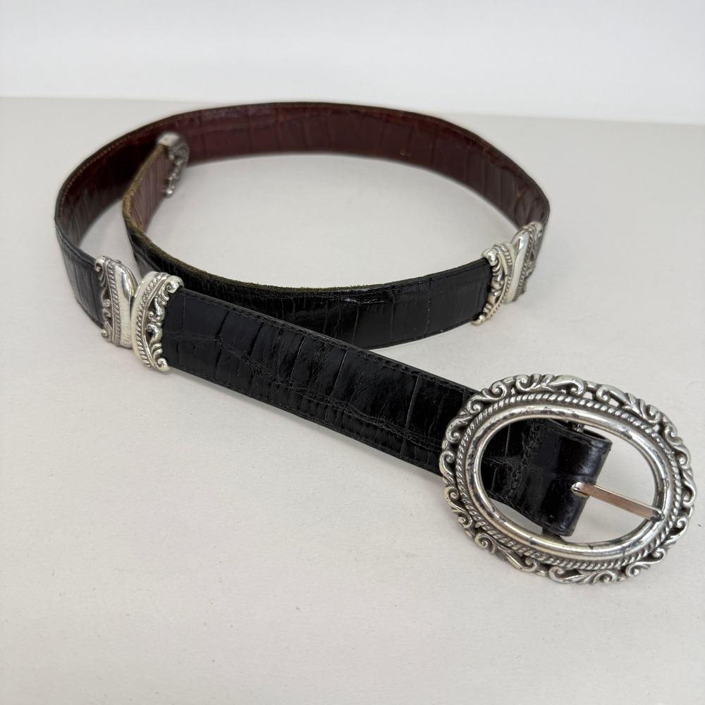 Brighton Vintage Black Embossed Crocodile Leather Western Belt Scroll Hardware